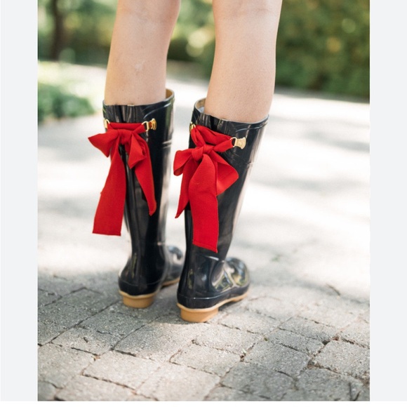 JOULES EVEDON BLACK RUBBER RAIN BOOTS TALL WITH PINK BACK RIBBON IN SIZE 7 - Picture 2 of 13